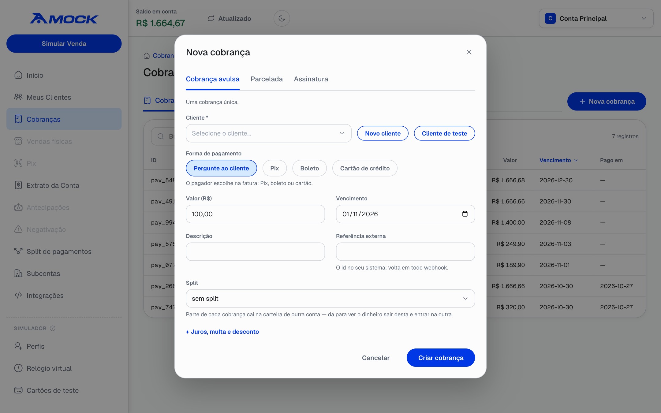 Create new charge dialog.