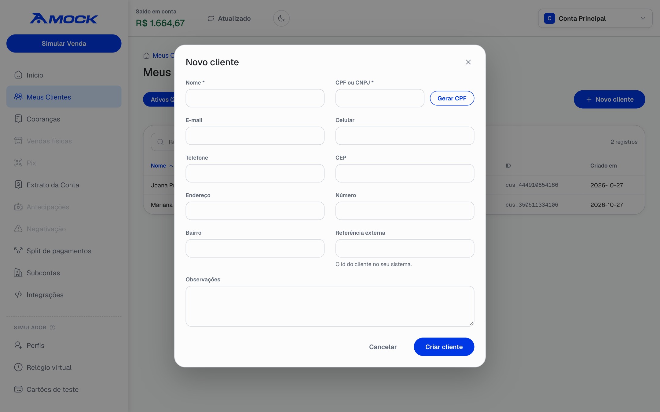 Create new customer dialog.
