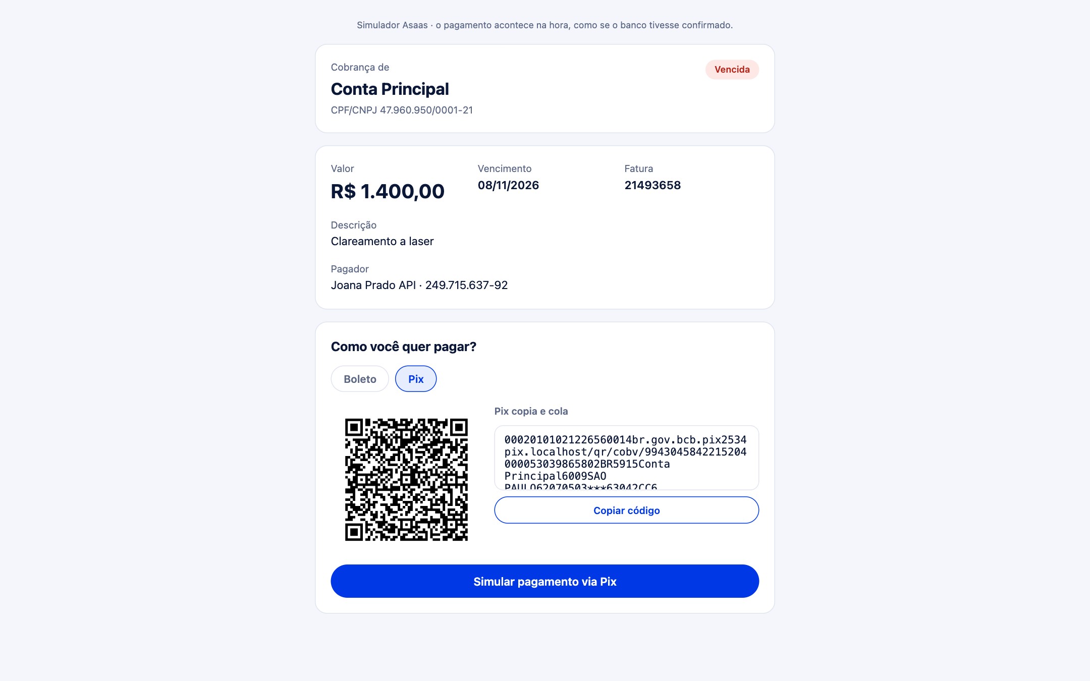 Pix QR code and copy-paste code on invoice.