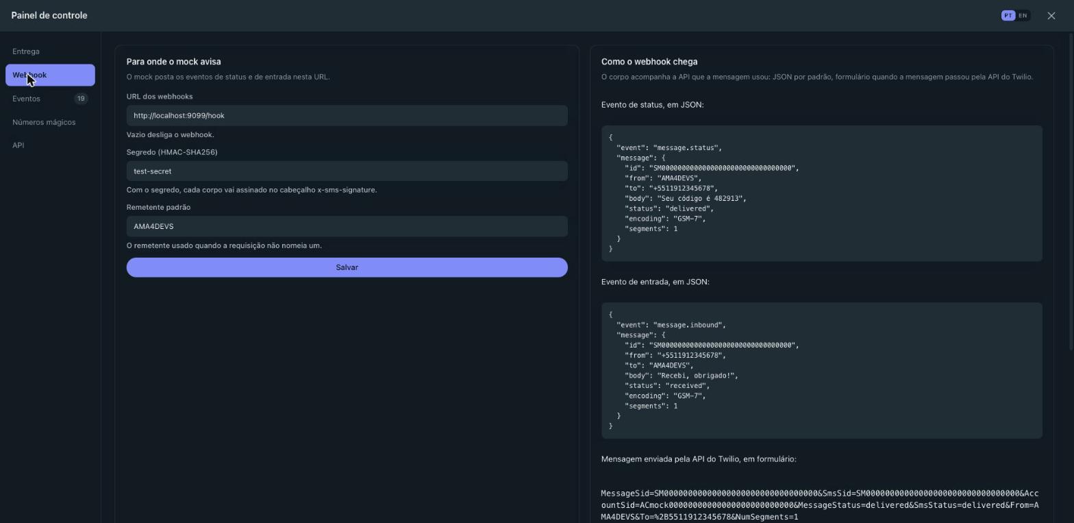 The webhook tab of the control panel: the URL the events go to, the secret that signs them, the default sender and the shape of the status and inbound payloads.
