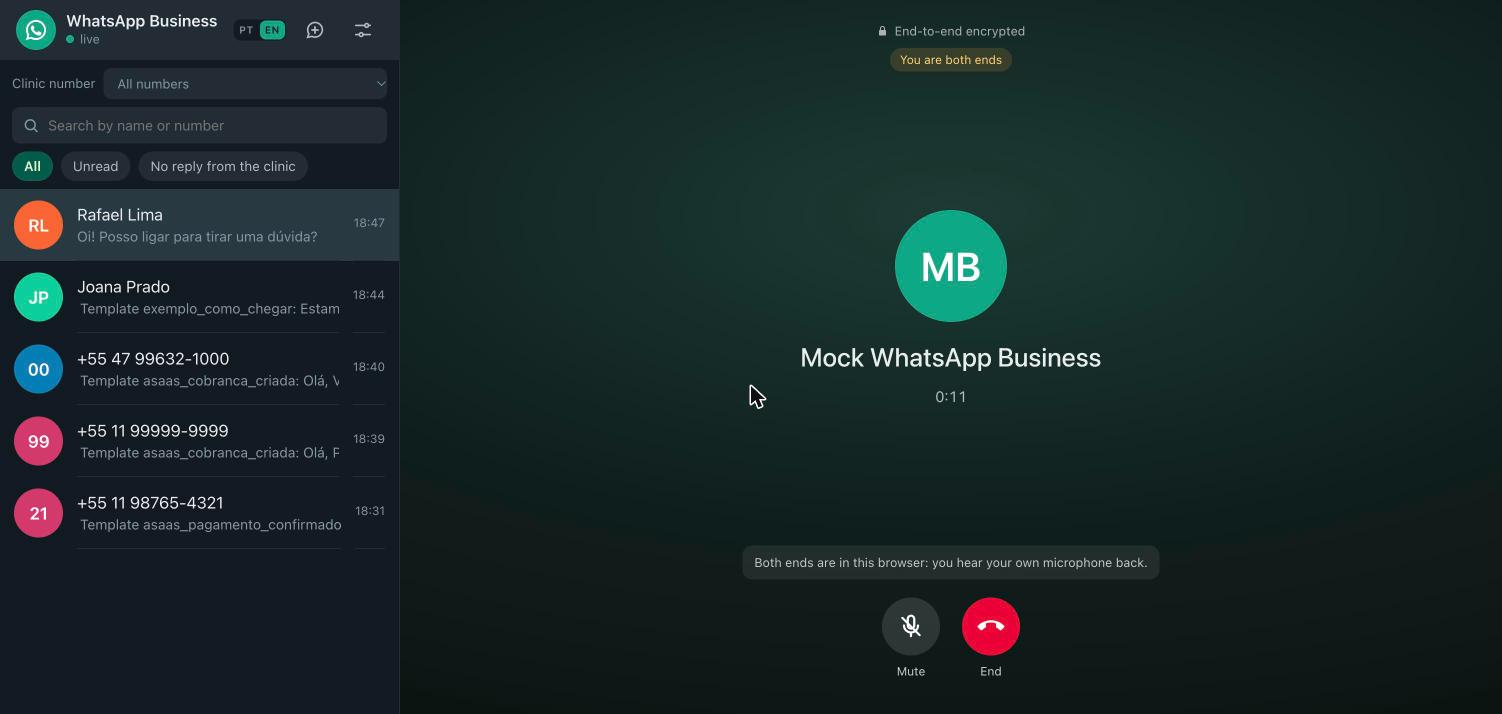 The call screen of the panel with the timer, mute and end buttons.