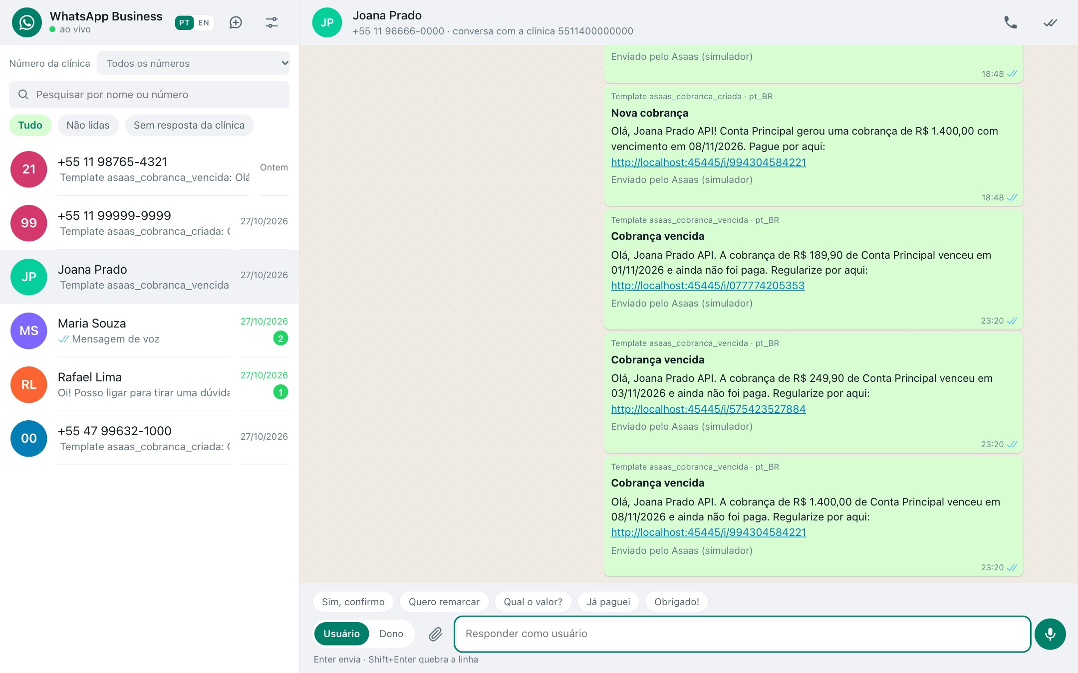 The WhatsApp mock panel: a conversation with a template that has an image header, a formatted body, a footer and quick reply buttons.
