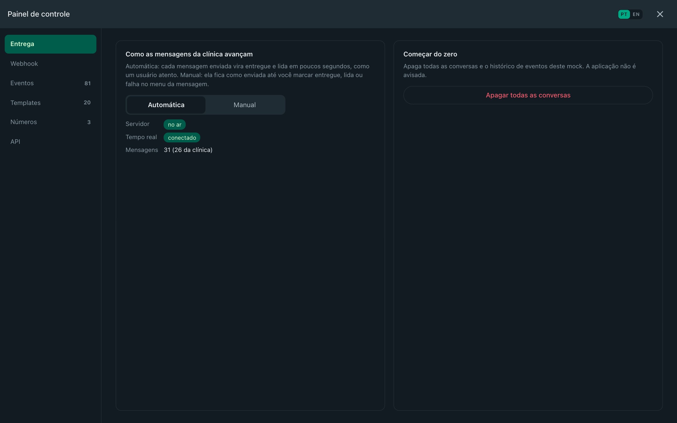 Delivery engine settings in dark mode.