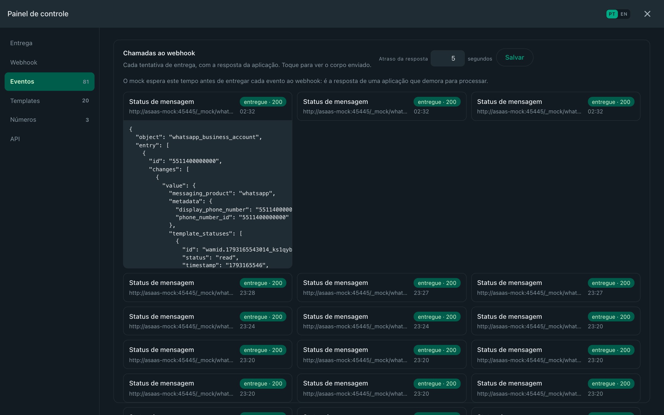 Webhook event JSON payload inspection in dark mode.
