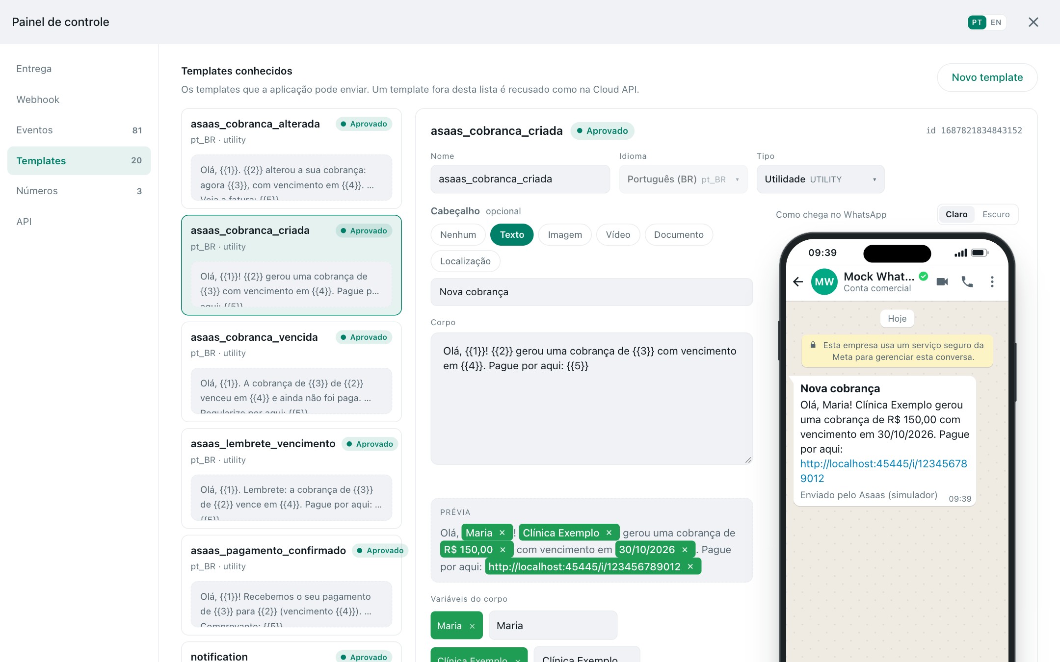 Template builder and phone preview.