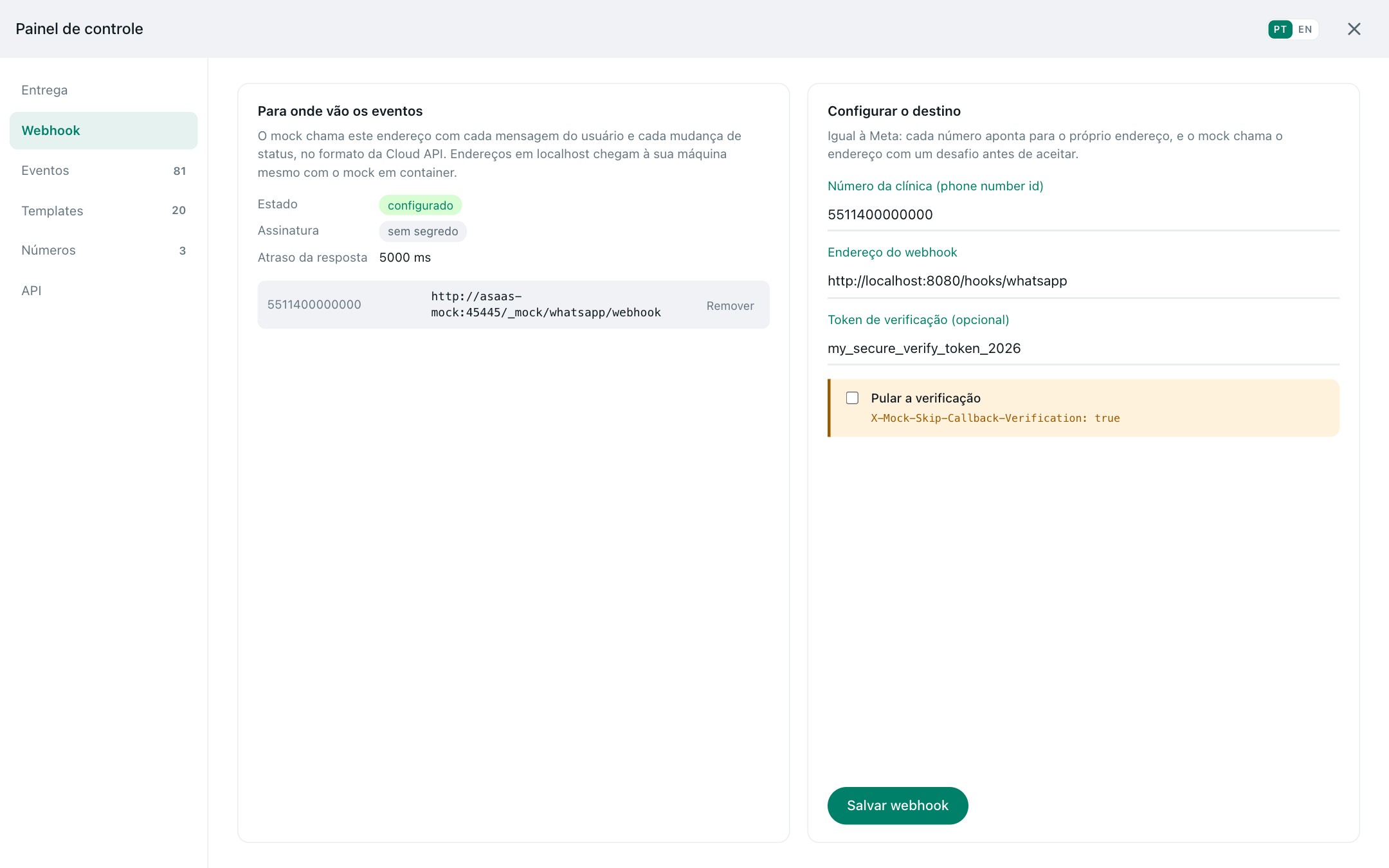 Webhook configuration in the panel.